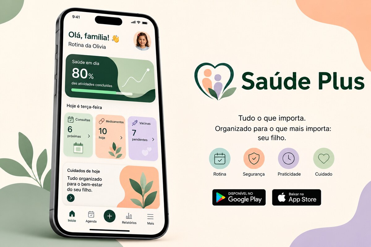 Telas do app Saúde Plus em um smartphone
